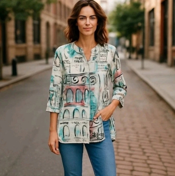 Catherines Graphic Print Linen Blend Tunic Top 1X Plus Vneck Button Up Women - Picture 1 of 12